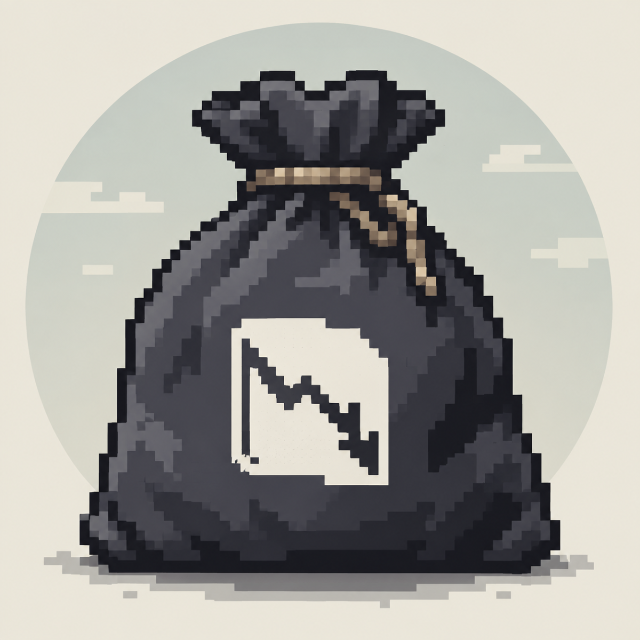 Pixel-art black drawstring bag stamped with a white falling price chart icon