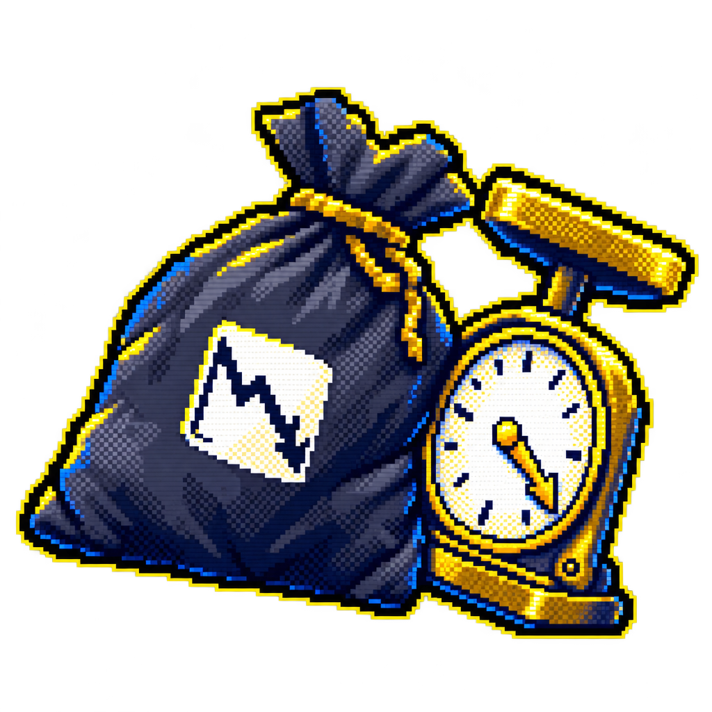 Pixel-art bag next to an antique brass scale with a clock face