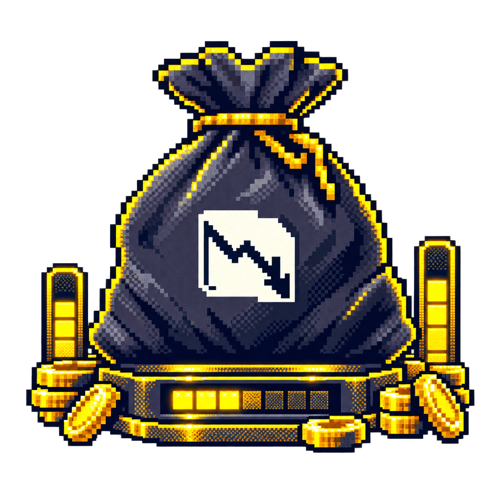 Pixel-art bag flanked by glowing meter bars and stacked coins